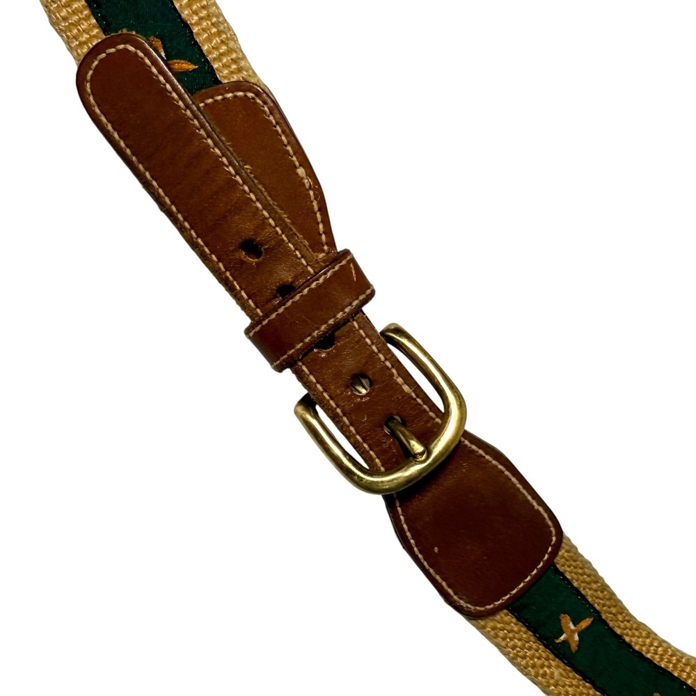 Vintage Dooney & Bourke Woven Belt Green Ribbon Flying Duck Leather Brass 34